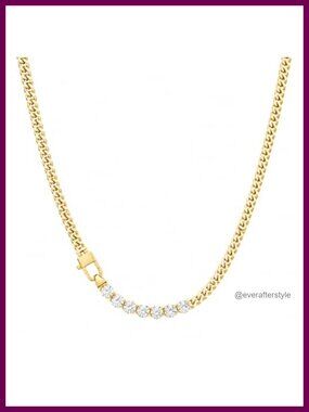 18K Gold Plated Cuban Link CZ Necklace Bracelet Set Stainless Steel